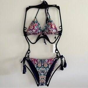 NWT Nanette Lepore Floral Tassel Strappy Tie Bikini Swimsuit Two Piece Small